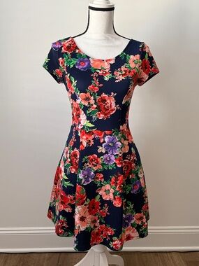 Charlotte Russe Floral Fit-and-Flare Dress in Navy, Red and Purple, Size Small